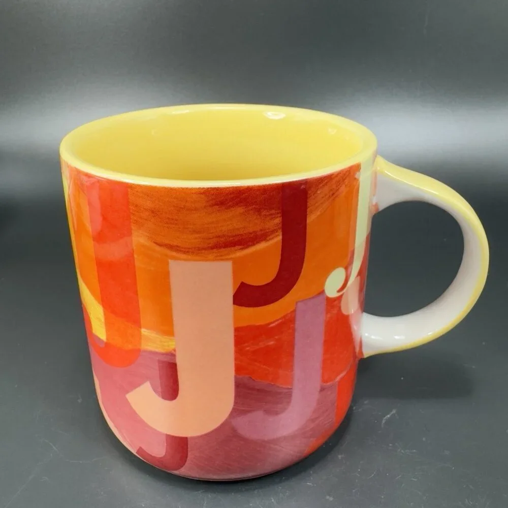 Anthropologie Monogram Lottie Mug Orange‎ Red Yellow Pink Letter Initial J Mug